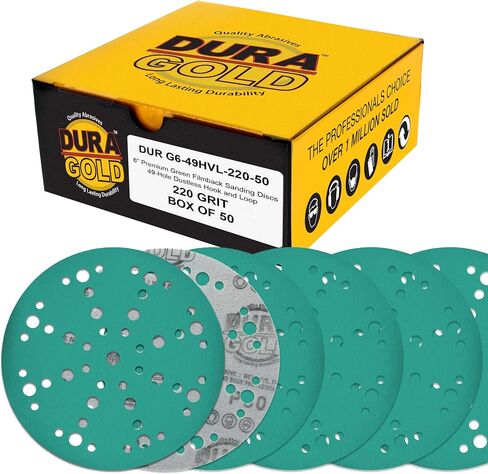 Dura-Gold Premium 1500 Grit 6" Green Film Sanding Discs, 49-Hole Pattern, Box of 50 - Heavy-Duty Dustless Hook & Loop Backing Sandpaper for DA, Random Orbital Sander, Detail Color Sand Auto Paint Wood in Kuwait