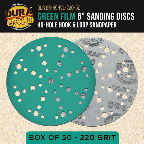 Dura-Gold Premium 1500 Grit 6" Green Film Sanding Discs, 49-Hole Pattern, Box of 50 - Heavy-Duty Dustless Hook & Loop Backing Sandpaper for DA, Random Orbital Sander, Detail Color Sand Auto Paint Wood in Kuwait