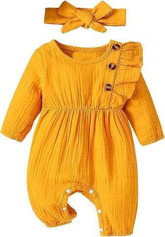 Baby Girl Ruffle Romper Solid Color Button Long Sleeve Jumpsuit Fall Newborn Coming Home Outfit Headbands in Saudi Arabia