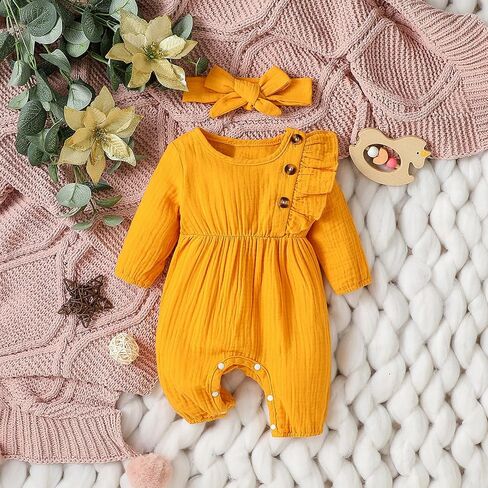 Baby Girl Ruffle Romper Solid Color Button Long Sleeve Jumpsuit Fall Newborn Coming Home Outfit Headbands in Saudi Arabia