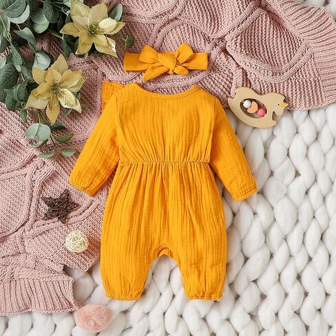 Baby Girl Ruffle Romper Solid Color Button Long Sleeve Jumpsuit Fall Newborn Coming Home Outfit Headbands in Saudi Arabia