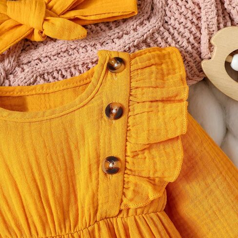 Baby Girl Ruffle Romper Solid Color Button Long Sleeve Jumpsuit Fall Newborn Coming Home Outfit Headbands in Saudi Arabia