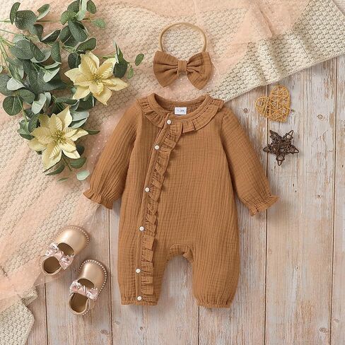 Baby Girl Ruffle Romper Solid Color Button Long Sleeve Jumpsuit Fall Newborn Coming Home Outfit Headbands in Saudi Arabia