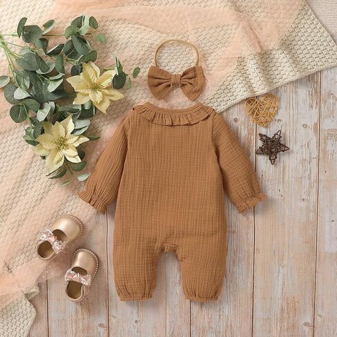 Baby Girl Ruffle Romper Solid Color Button Long Sleeve Jumpsuit Fall Newborn Coming Home Outfit Headbands in Saudi Arabia