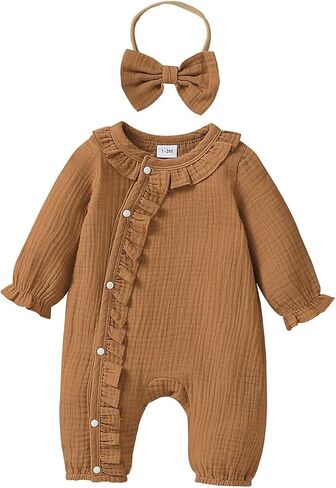 Baby Girl Ruffle Romper Solid Color Button Long Sleeve Jumpsuit Fall Newborn Coming Home Outfit Headbands in Saudi Arabia