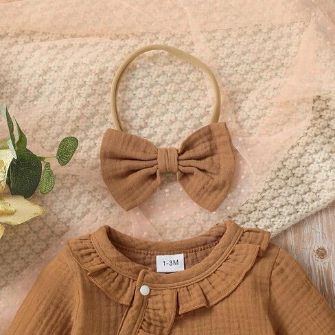 Baby Girl Ruffle Romper Solid Color Button Long Sleeve Jumpsuit Fall Newborn Coming Home Outfit Headbands in Saudi Arabia