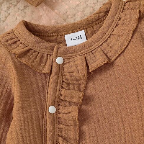 Baby Girl Ruffle Romper Solid Color Button Long Sleeve Jumpsuit Fall Newborn Coming Home Outfit Headbands in Saudi Arabia