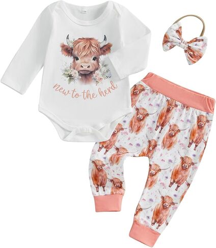 Newborn Baby Girl Clothes InfantCattle Print Long Sleeve Romper Highland Cow Pants Headband Set 3pcs Fall Outfits in Saudi Arabia