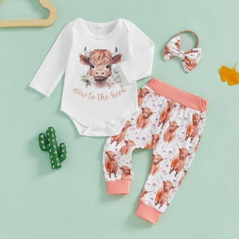 Newborn Baby Girl Clothes InfantCattle Print Long Sleeve Romper Highland Cow Pants Headband Set 3pcs Fall Outfits in Saudi Arabia