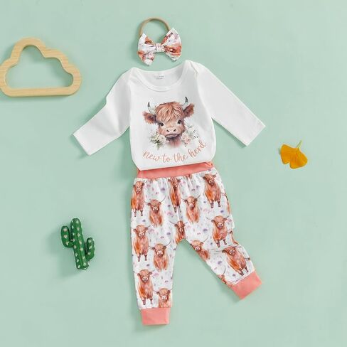 Newborn Baby Girl Clothes InfantCattle Print Long Sleeve Romper Highland Cow Pants Headband Set 3pcs Fall Outfits in Saudi Arabia