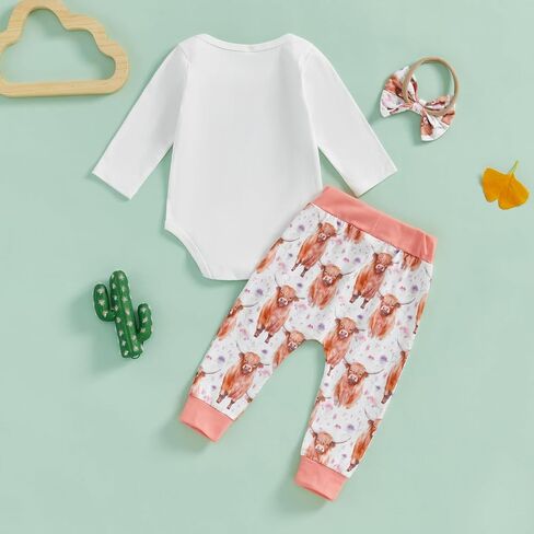 Newborn Baby Girl Clothes InfantCattle Print Long Sleeve Romper Highland Cow Pants Headband Set 3pcs Fall Outfits in Saudi Arabia