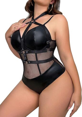 Lilosy Sexy Crisscross Choker Leather Pu Underwire Babydoll Women Harness Teddy Bodysuit Nightshirt One Piece in Kuwait