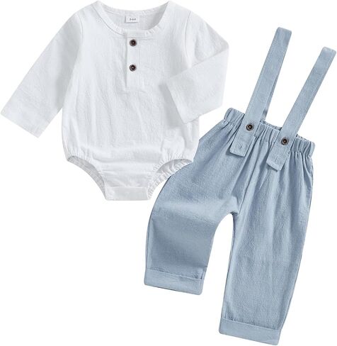 Fall Outfit Infant Baby Boy Gentleman Long Sleeve Linen Romper Shirt Suspender Pants Overall 2Pcs Suit Clothes Set in Saudi Arabia