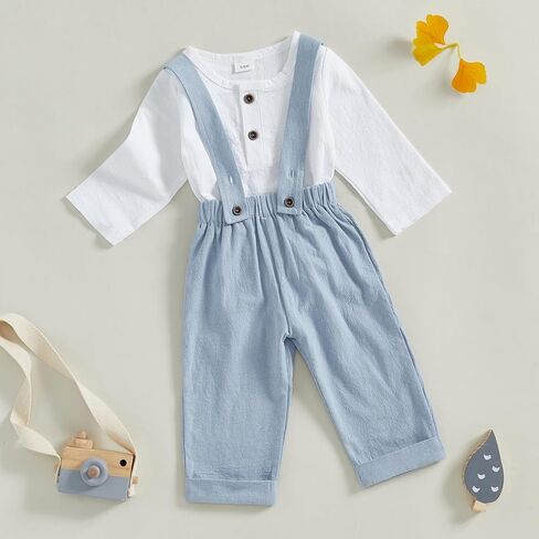 Fall Outfit Infant Baby Boy Gentleman Long Sleeve Linen Romper Shirt Suspender Pants Overall 2Pcs Suit Clothes Set in Saudi Arabia
