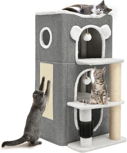 YIATHOME 2 Storey Cat House, Cat Beds for Indoor Cats, Small Cat Condo with Scratch Post and Hideaway Cave, Modern Cat Cube Playhouse for Multi Kittens, Extended Style, Brown in Saudi Arabia