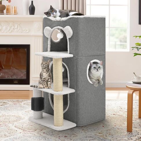YIATHOME 2 Storey Cat House, Cat Beds for Indoor Cats, Small Cat Condo with Scratch Post and Hideaway Cave, Modern Cat Cube Playhouse for Multi Kittens, Extended Style, Brown in Saudi Arabia