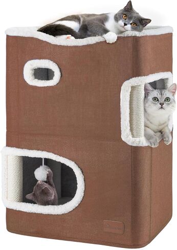 YIATHOME 2 Storey Cat House, Cat Beds for Indoor Cats, Small Cat Condo with Scratch Post and Hideaway Cave, Modern Cat Cube Playhouse for Multi Kittens, Extended Style, Brown in Saudi Arabia