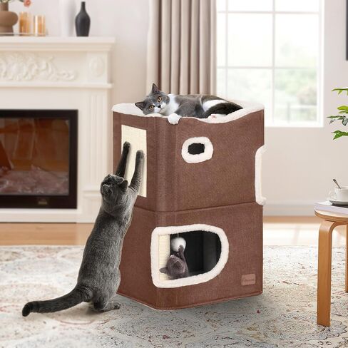 YIATHOME 2 Storey Cat House, Cat Beds for Indoor Cats, Small Cat Condo with Scratch Post and Hideaway Cave, Modern Cat Cube Playhouse for Multi Kittens, Extended Style, Brown in Saudi Arabia