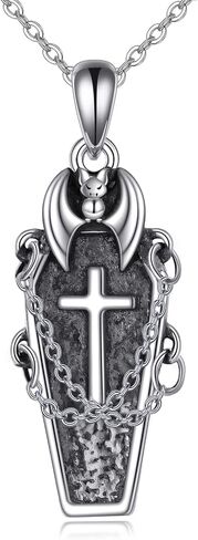 URONE Goth Necklace 925 Sterling Silver Coffin Necklace Skull Necklace Bat Pendant Gothic Jewelry Gifts for Women in Saudi Arabia