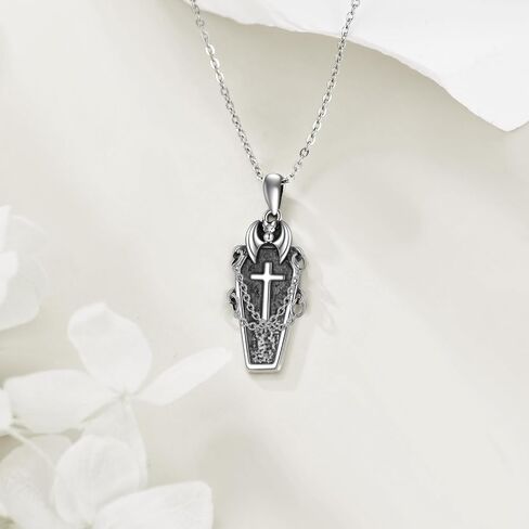 URONE Goth Necklace 925 Sterling Silver Coffin Necklace Skull Necklace Bat Pendant Gothic Jewelry Gifts for Women in Saudi Arabia