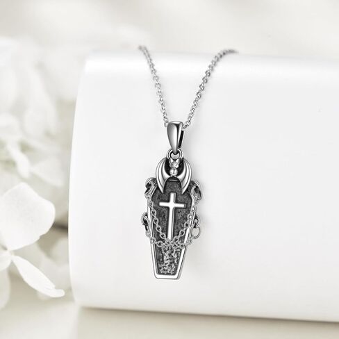 URONE Goth Necklace 925 Sterling Silver Coffin Necklace Skull Necklace Bat Pendant Gothic Jewelry Gifts for Women in Saudi Arabia