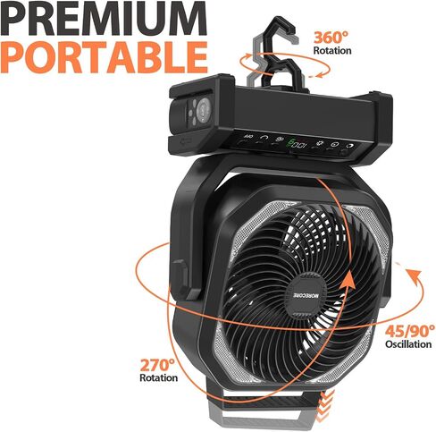 MORECORE 20000mAh Rechargeable Camping Fan with Light, 112HRS Running, 9-Speed, Auto Oscillating, Timer, LED Digital Display, 270°Pivot with Hook for Tent RV Emergency Garage in Saudi Arabia