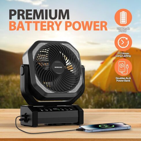 MORECORE 20000mAh Rechargeable Camping Fan with Light, 112HRS Running, 9-Speed, Auto Oscillating, Timer, LED Digital Display, 270°Pivot with Hook for Tent RV Emergency Garage in Saudi Arabia