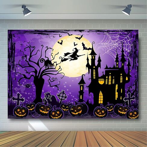خلفيات Avezano Halloween للتصوير الفوتوغرافي الأرجواني السماء والقمر ضوء القلعة اليقطين فانوس حفار القبور خلفية الهالوين للأطفال ديكور حفلات الأطفال التقطت الصور (7x5ft) in Saudi Arabia