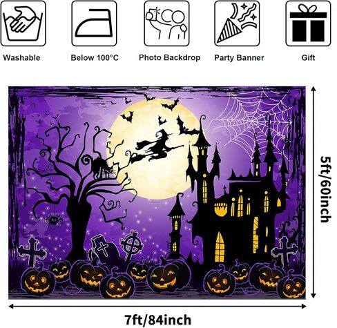 خلفيات Avezano Halloween للتصوير الفوتوغرافي الأرجواني السماء والقمر ضوء القلعة اليقطين فانوس حفار القبور خلفية الهالوين للأطفال ديكور حفلات الأطفال التقطت الصور (7x5ft) in Saudi Arabia