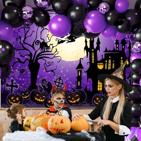 خلفيات Avezano Halloween للتصوير الفوتوغرافي الأرجواني السماء والقمر ضوء القلعة اليقطين فانوس حفار القبور خلفية الهالوين للأطفال ديكور حفلات الأطفال التقطت الصور (7x5ft) in Saudi Arabia