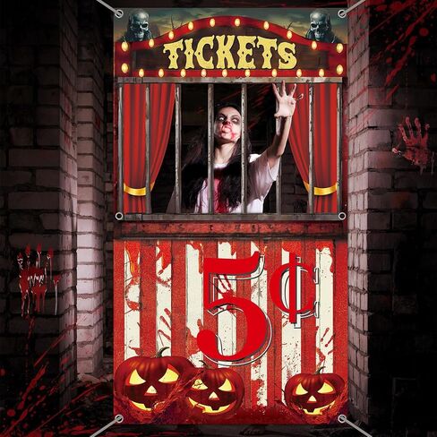 Halloween Creepy Carnival Photo Prop Selfie Frame Party Decorations Bloody Circus Backdrop Banner Carnival Ticket Photo Booth Props Background for Halloween Indoor Outdoor Party Supplies 62 x 35'' in Saudi Arabia