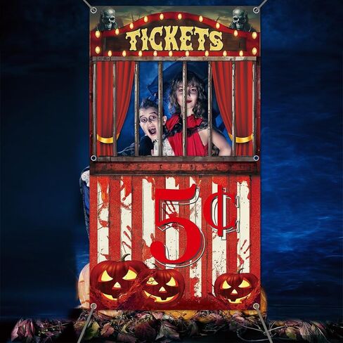 Halloween Creepy Carnival Photo Prop Selfie Frame Party Decorations Bloody Circus Backdrop Banner Carnival Ticket Photo Booth Props Background for Halloween Indoor Outdoor Party Supplies 62 x 35'' in Saudi Arabia
