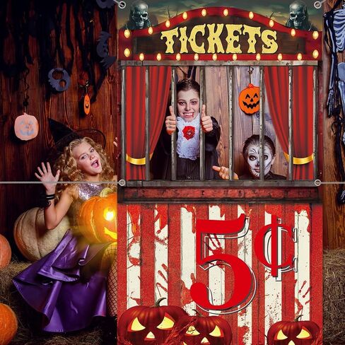 Halloween Creepy Carnival Photo Prop Selfie Frame Party Decorations Bloody Circus Backdrop Banner Carnival Ticket Photo Booth Props Background for Halloween Indoor Outdoor Party Supplies 62 x 35'' in Saudi Arabia
