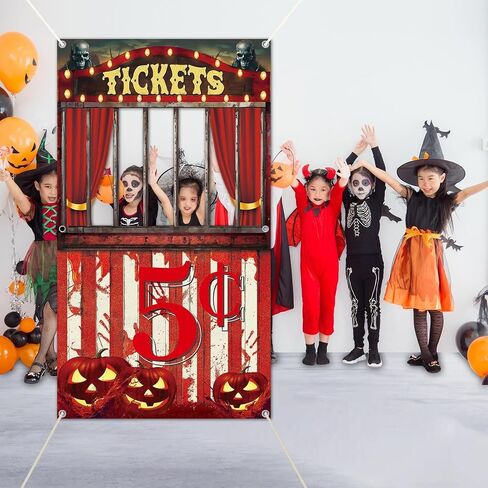 Halloween Creepy Carnival Photo Prop Selfie Frame Party Decorations Bloody Circus Backdrop Banner Carnival Ticket Photo Booth Props Background for Halloween Indoor Outdoor Party Supplies 62 x 35'' in Saudi Arabia