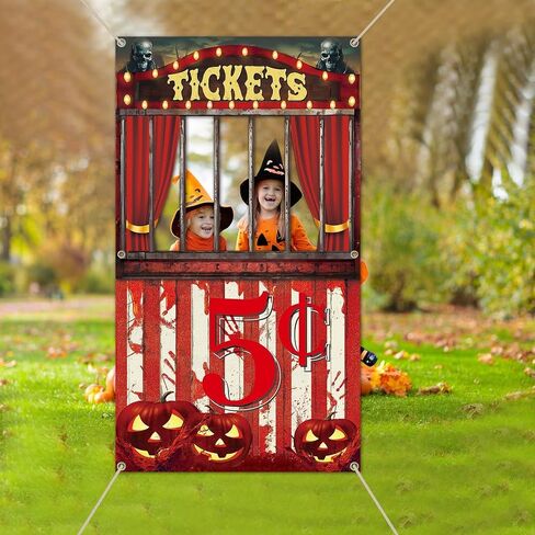Halloween Creepy Carnival Photo Prop Selfie Frame Party Decorations Bloody Circus Backdrop Banner Carnival Ticket Photo Booth Props Background for Halloween Indoor Outdoor Party Supplies 62 x 35'' in Saudi Arabia