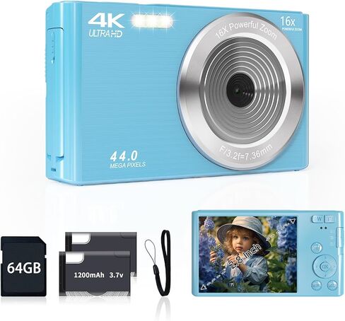 كاميرا رقمية سوداء 2024 أحدث كاميرات رقمية بدقة 4K بدقة 44 ميجابكسل للمراهقين، كاميرا رقمية للتوجيه والتقاط الصور للأطفال مع تكبير 16X، بطاقة SD سعة 64 جيجابايت، كاميرا صغيرة مدمجة للأولاد والبنات المراهقين هدية للأطفال in Kuwait