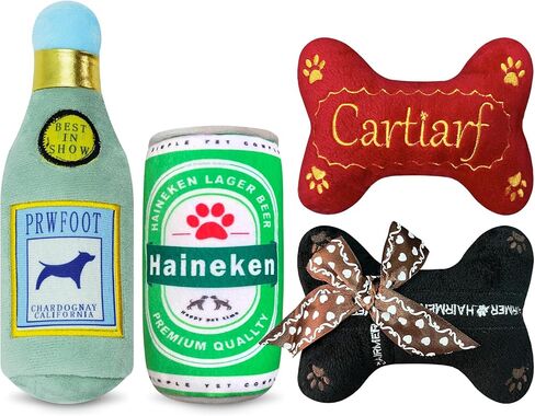 4-Piece Dog Teething Chewing Squeaky Plush Toy Stylish Beer Puppy Bones Set 5 Style Combinations, Composed of Natural Cotton Polyester in Saudi Arabia