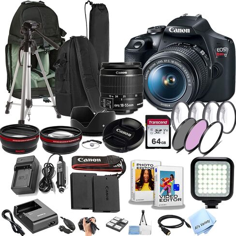 Canon EOS Rebel T7 w/EF-S 18-55mm F/3.5-5.6 Zoom Lens + 64GB Memory, Filters, Sling Case, Tripod, LED Light, Lenses, and More (34pc DSLR Camera Bundle) (Renewed) in Saudi Arabia