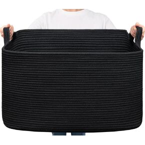 Goodpick Storage Basket, Rectangle Blanket Basket Living Room, Dirty Clothes Basket for Laundry, Extra Large Cotton Rope Basket for Pillows, Toys, 23.6" x 15.7" x 13.8", Black