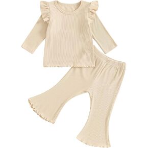 Baby Girl Clothes Knit Ruffle Solid Long Sleeve T-Shirt Tee + Flare Pants Set Toddler Kids Fall Bell-bottoms Outfit