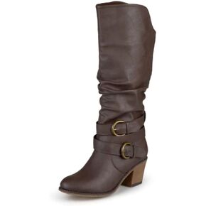Journee Collection Womens Late Mid-Calf Boots with Round-Toe and Slouchy Detail, Dark Brown (Wide Calf), 9