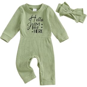 Newborn Baby Girl Clothes Solid Color Ribbed Romper Long Sleeve Jumpsuit with Headband Infant Fall Winter Outfits