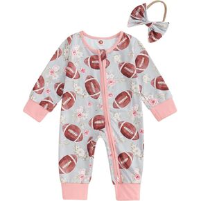 Baby Girl Football Outfit Long Sleeve Football Floral Print Crewneck Jumpsuit Infant Romper One Piece Bodysuit
