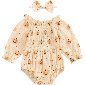 Toddler Baby Girl Outfits Long Sleeve Printed Pleated Jumpsuit Cute Baby Girl Summer Clothes Headband