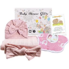 4 Pieces Baby Girl Swaddle Blanket Set - Ideal for Girls, Newborn Girl Essentials, Soft Pink Baby Swaddle Set with Headband, Beanie, and Baby Bib - Great Newborn Girl Gifts
