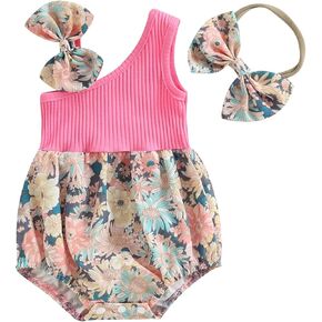 Baby Girl Clothes Infant Floral One Shoulder Romper and Cute Stretch Headband Cute 2 Piece Set Bodysuit