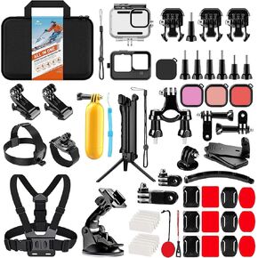 HONGDAK Action Camera Accessories Kit for GoPro Hero 11 10 9 Black, Waterproof Housing+Silicone Case+3-Way Adjustable Arm+Head Chest Wrist Strap+Bike Mount+Suction Cup+Floating Grip Bundle Set 63 in 1