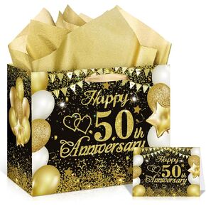 50th Anniversary Paper Gift Bag, White Gold 50th Anniversary Party Gift Bag with Tissue Papers and Card 50th Wedding Anniversary Paper Gift Wrapping Bag for 50th Golden Wedding Anniversary Decor