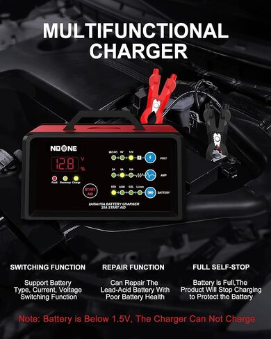 NOONE 2A/6A/10A شاحن بطارية السيارة، 6V/12V ذكي شاحن بطارية أوتوماتيكي بالكامل، شاحن هزيل، مزيل كبريتات البطارية للسيارة، الدراجة النارية، القارب، جزازة العشب، بطاريات حمض الرصاص البحرية in Kuwait