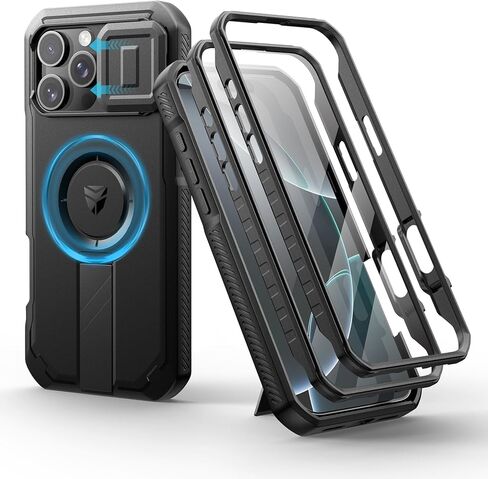 حافظة Dexnor لهاتف iPhone 16 Pro مع غطاء كاميرا منزلق ومسند قابل للتعديل وواقي شاشة مدمج، متوافق مع حافظات MagSafe المقاومة للصدمات وغطاء واقٍ شديد التحمل، أسود in Kuwait